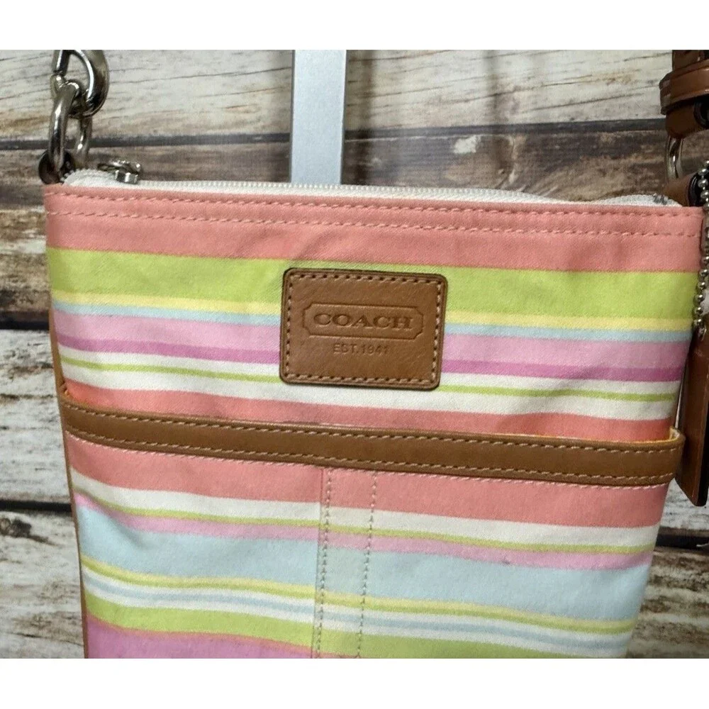 Coach Pastel Striped Crossbody Shoulder Bag Zip Closure Detachable Strap